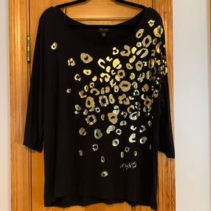 Thalia Sodi black with gold foil leopard print dolman tee
